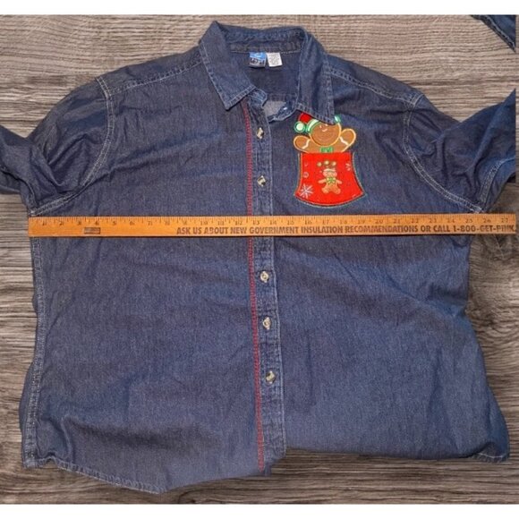 Denim Button-Up Shirt Gingerbread Man Christmas Pocket Design Holiday Party - Picture 6 of 7